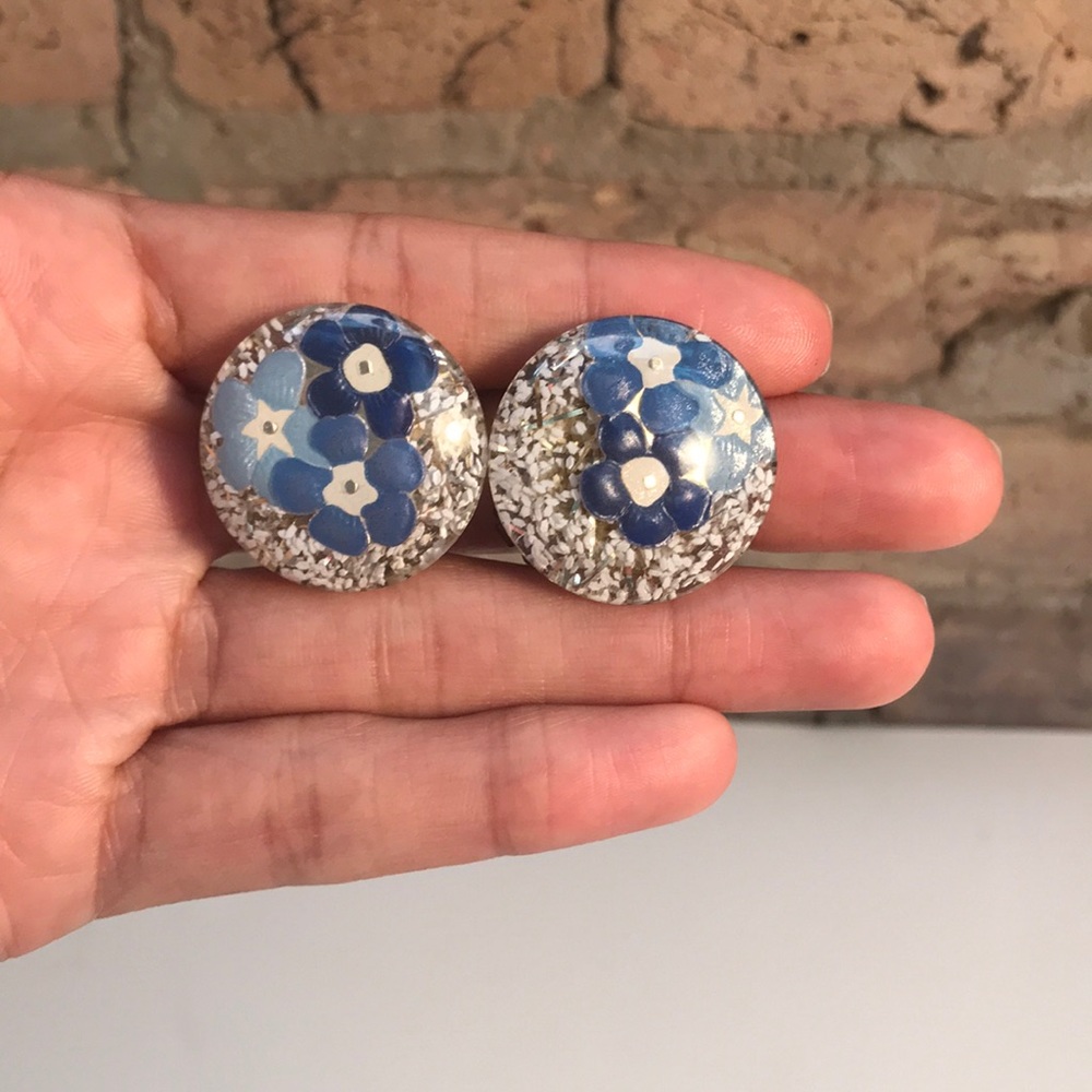 VINTAGE Multi-blue hand painted flower earrings